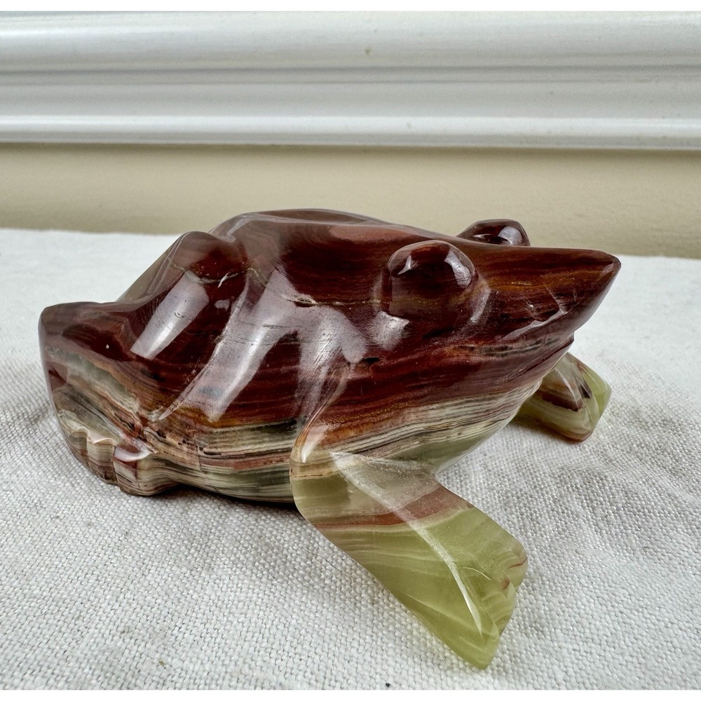 Vintage Hand Carved Banded Onyx Stone Frog Figurine Paperweight 5" Office Decor - Picture 3 of 11